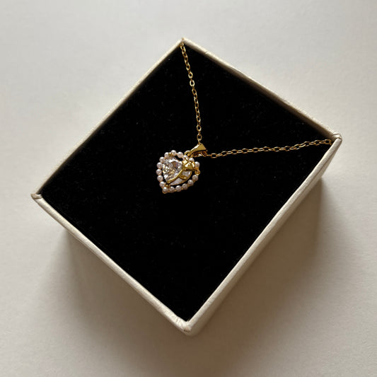 Pearly Heart and Rose Necklace