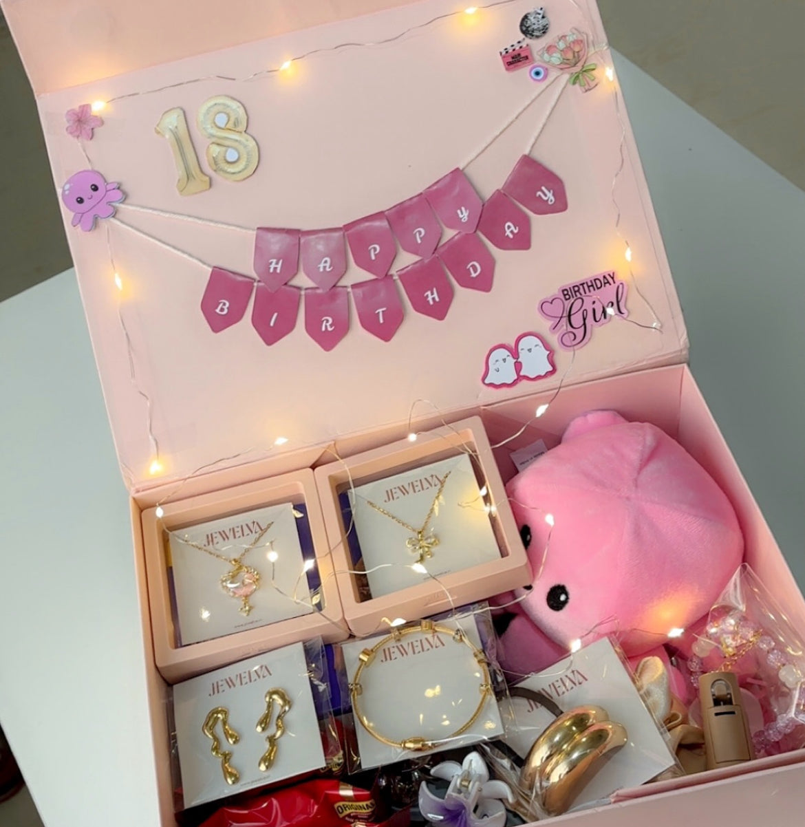 18th Birthday Hamper for her (Jewelry + Chocolates + Soft Toy + Hair Accessories)