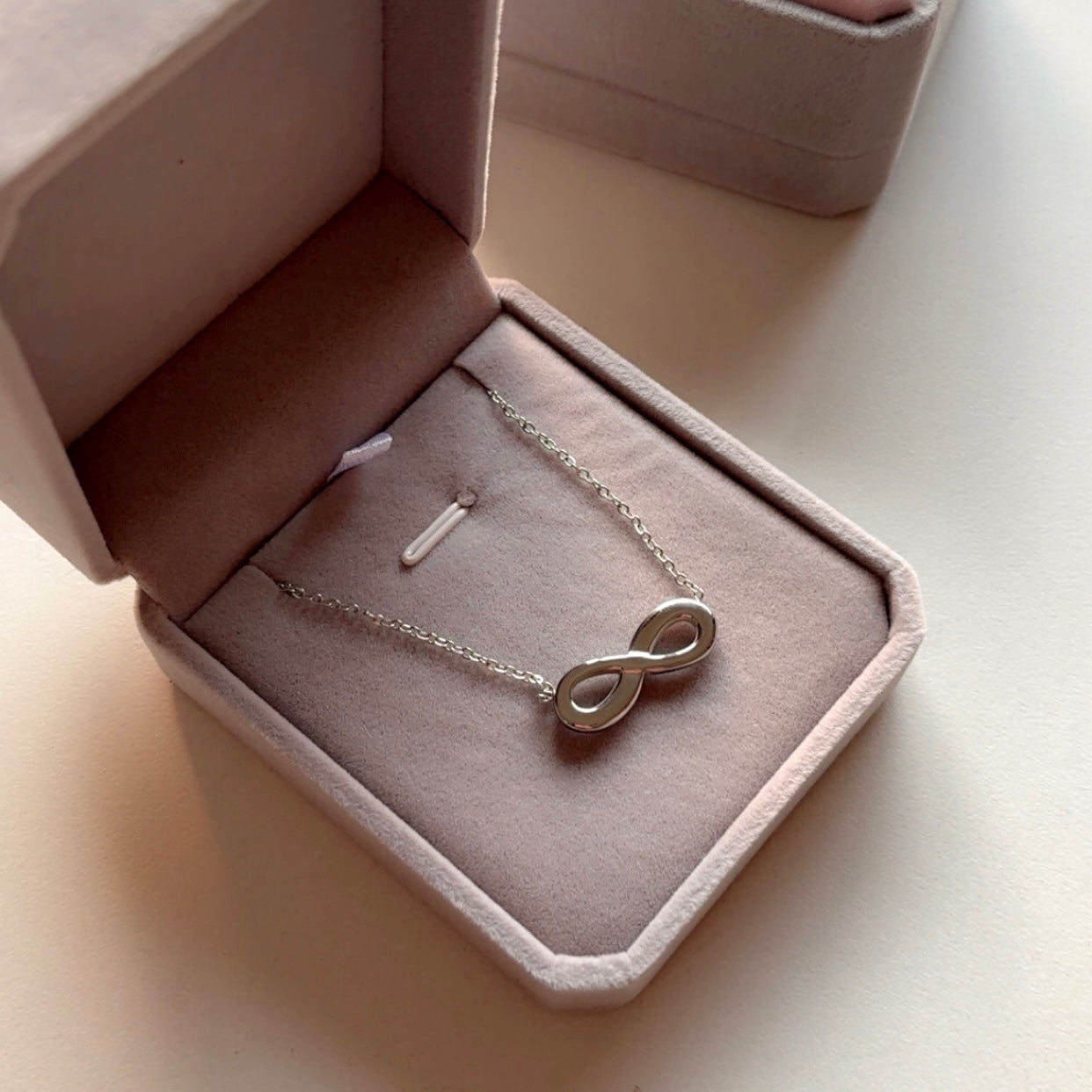 Silver Infinity Necklace with Velvet Box Packaging